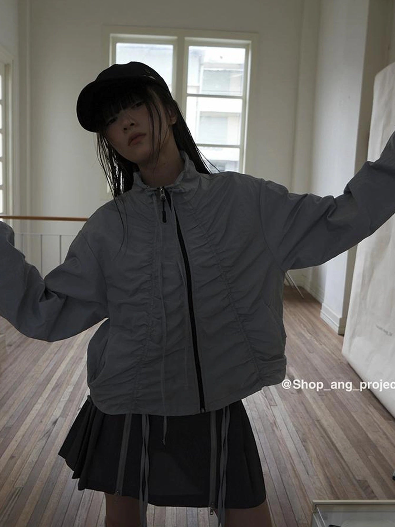 Pleated Drawstring Zipper Long Sleeve Jacket