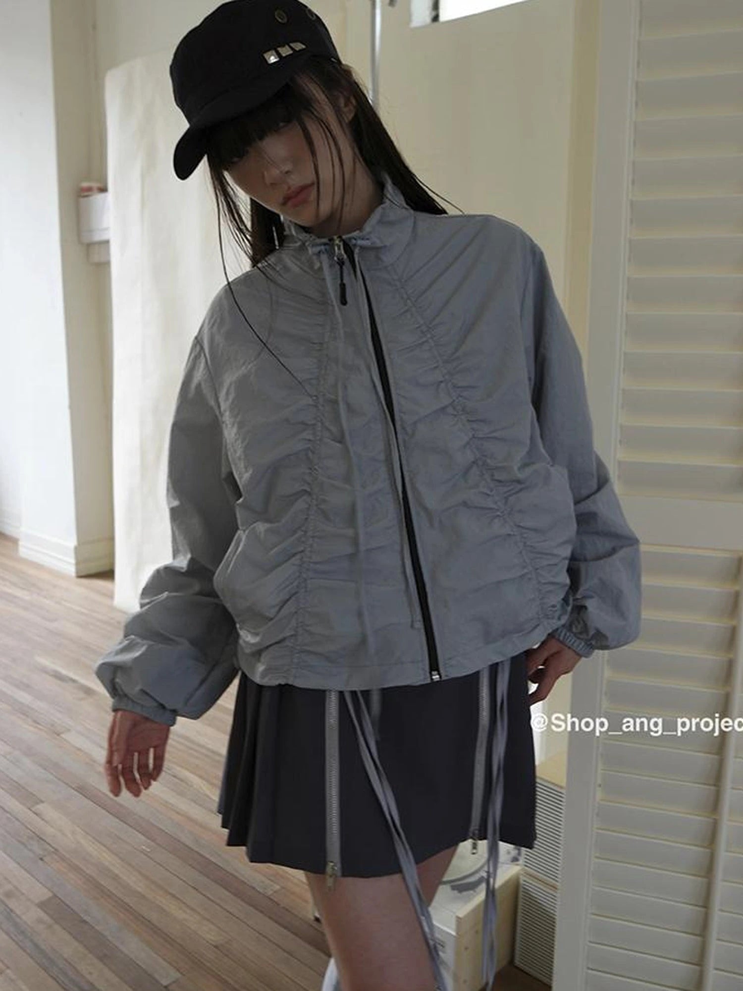 Pleated Drawstring Zipper Long Sleeve Jacket