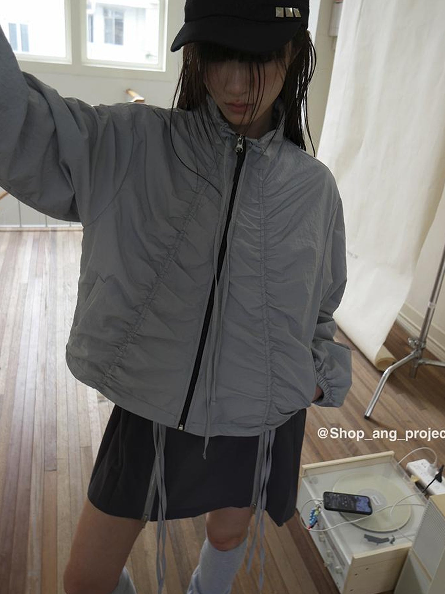 ang project Pleated Drawstring Zipper Long Sleeve Jacket