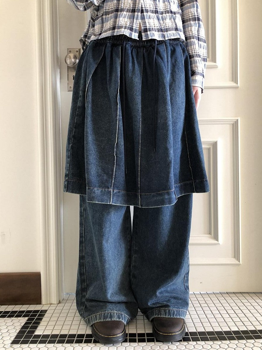 ang project Pleated Faux Two Piece Loose Wide Leg Drawstring Women&