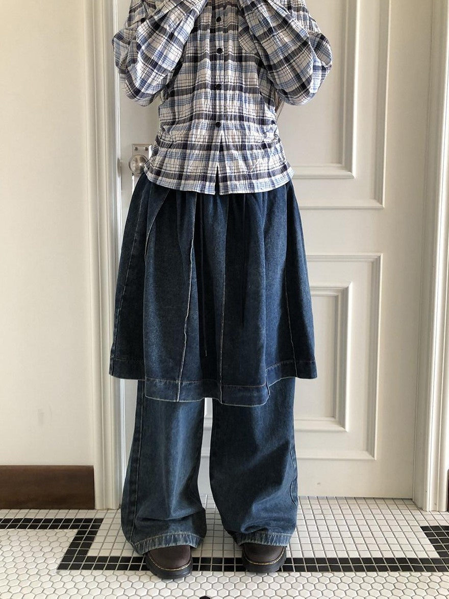 ang project Pleated Faux Two Piece Loose Wide Leg Drawstring Women&