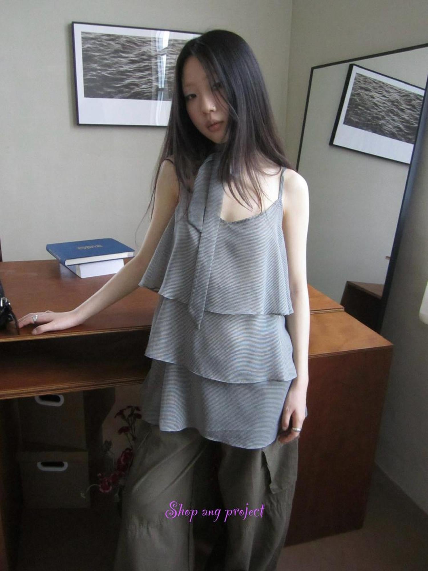 ang project Pleated Lattice Sleeveless Vest With Scarf