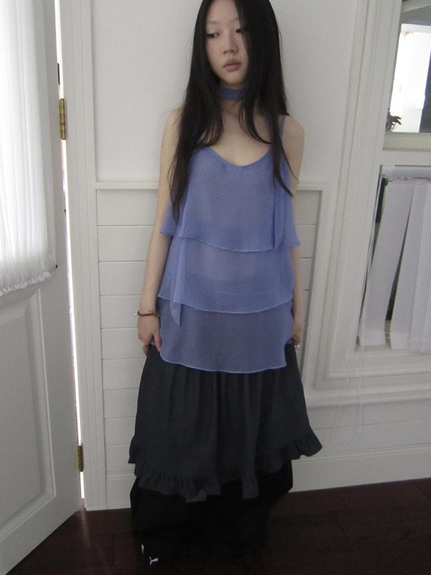 ang project Pleated Lattice Sleeveless Vest With Scarf