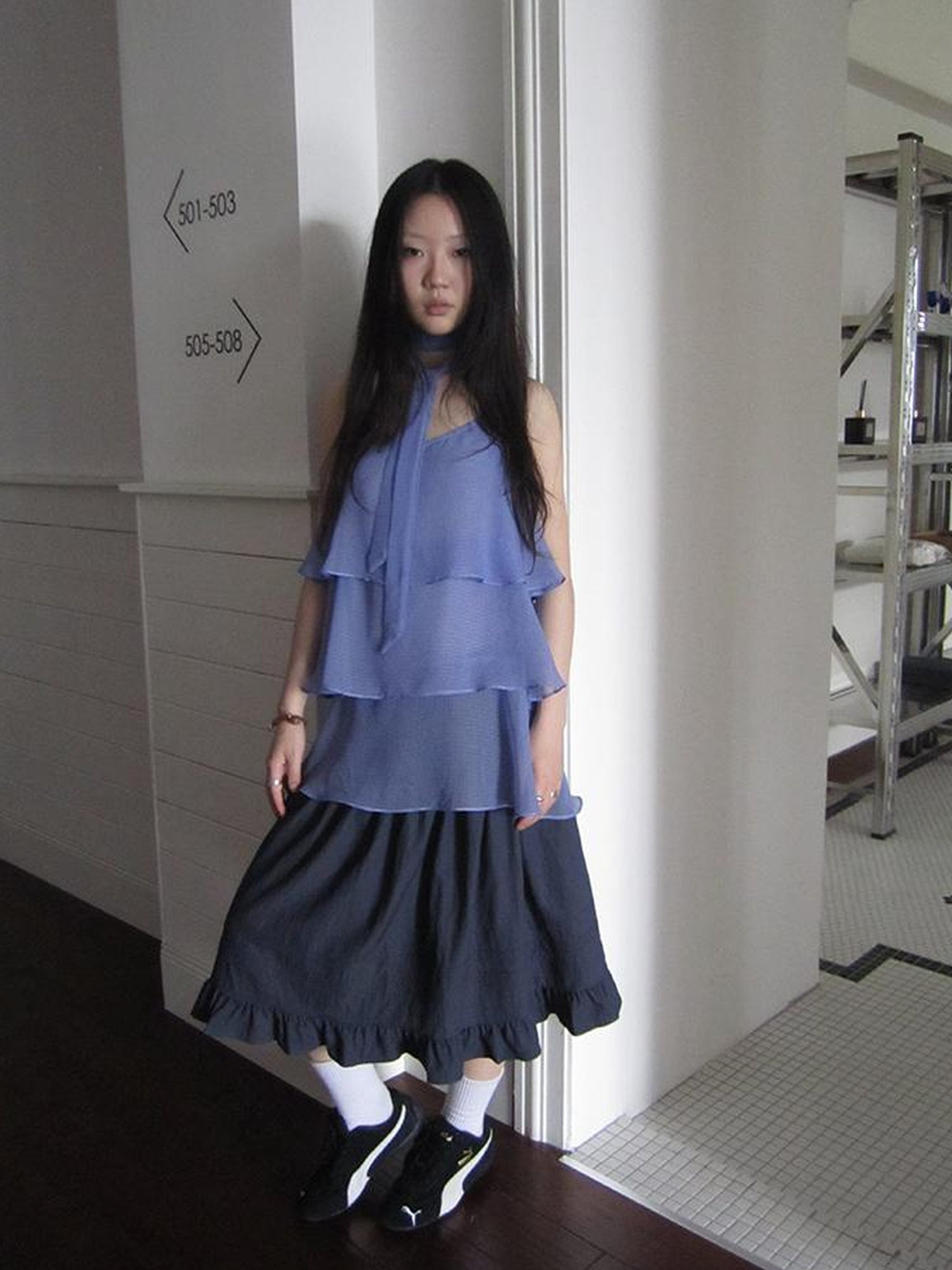 ang project Pleated Lattice Sleeveless Vest With Scarf