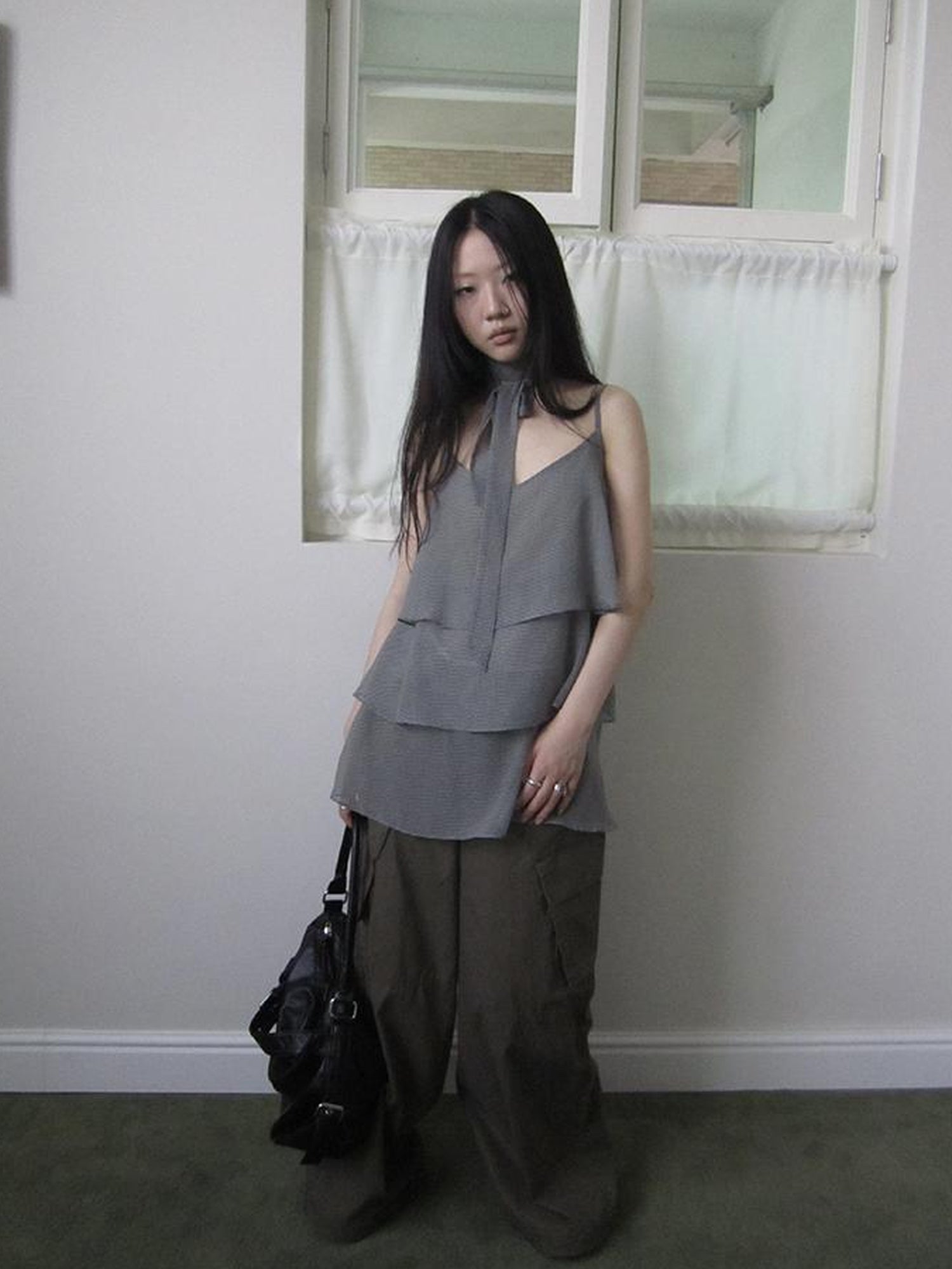 ang project Pleated Lattice Sleeveless Vest With Scarf