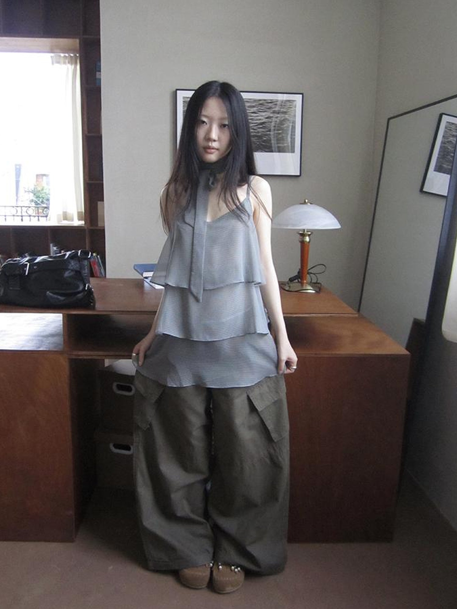 ang project Pleated Lattice Sleeveless Vest With Scarf