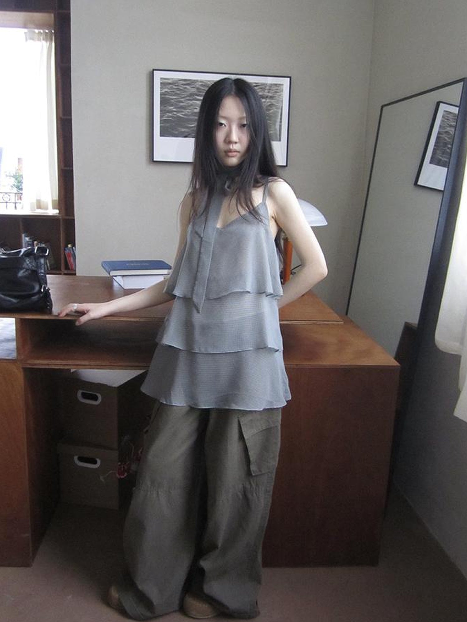 ang project Pleated Lattice Sleeveless Vest With Scarf