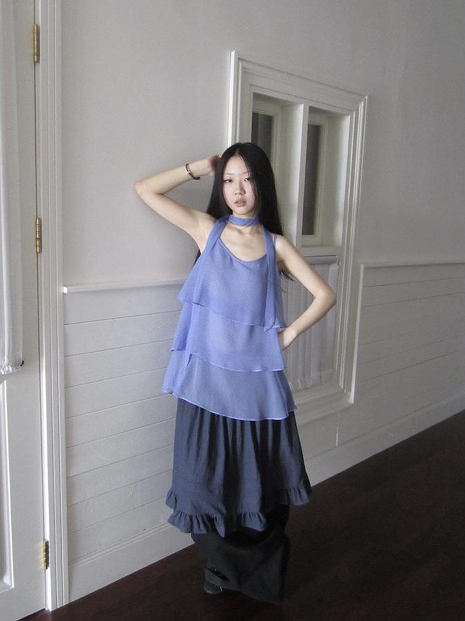 ang project Pleated Lattice Sleeveless Vest With Scarf