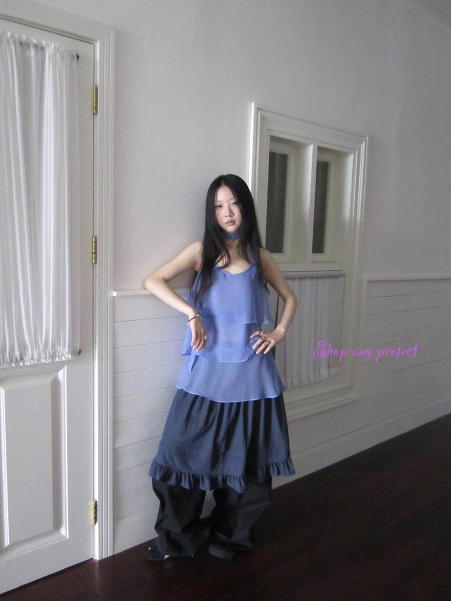 ang project Pleated Lattice Sleeveless Vest With Scarf