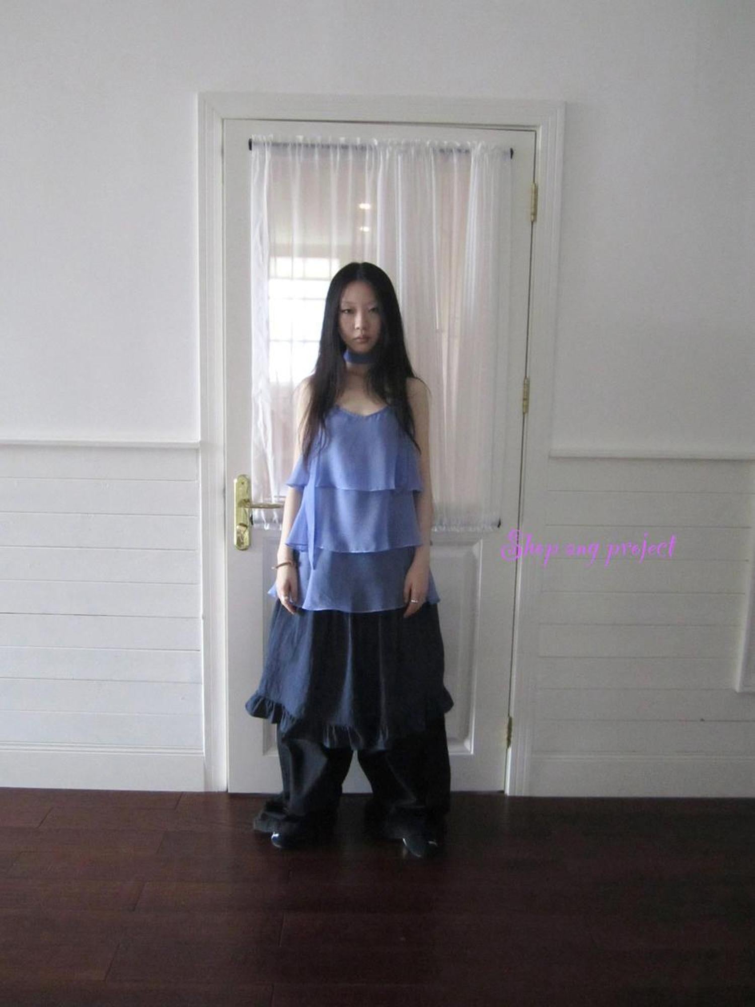 ang project Pleated Lattice Sleeveless Vest With Scarf