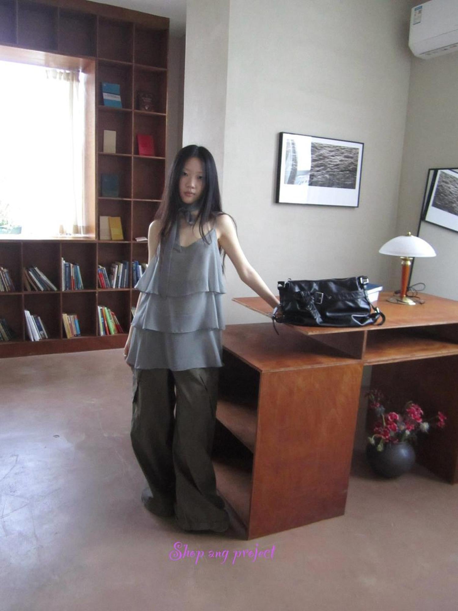 ang project Pleated Lattice Sleeveless Vest With Scarf