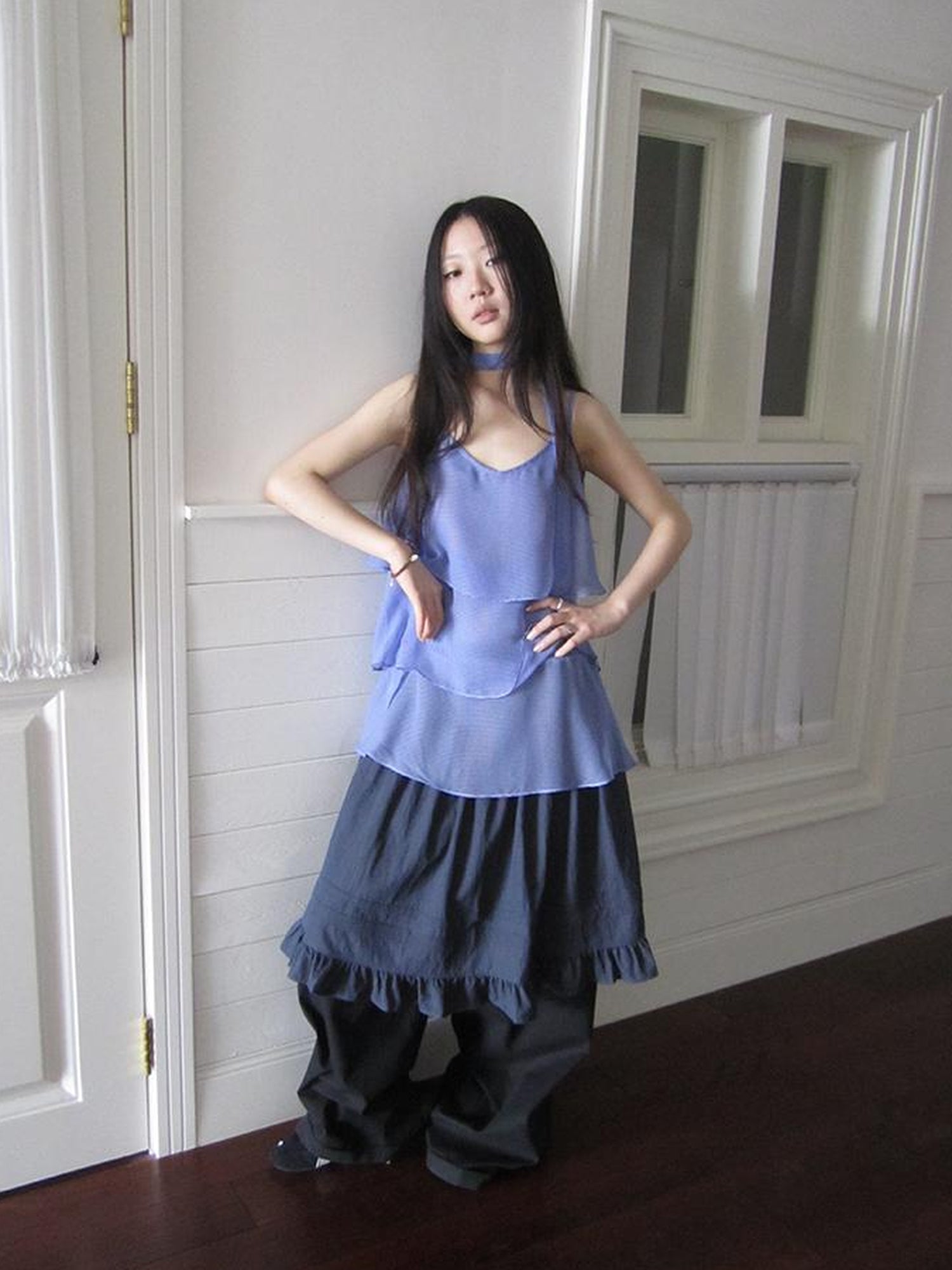 ang project Pleated Lattice Sleeveless Vest With Scarf