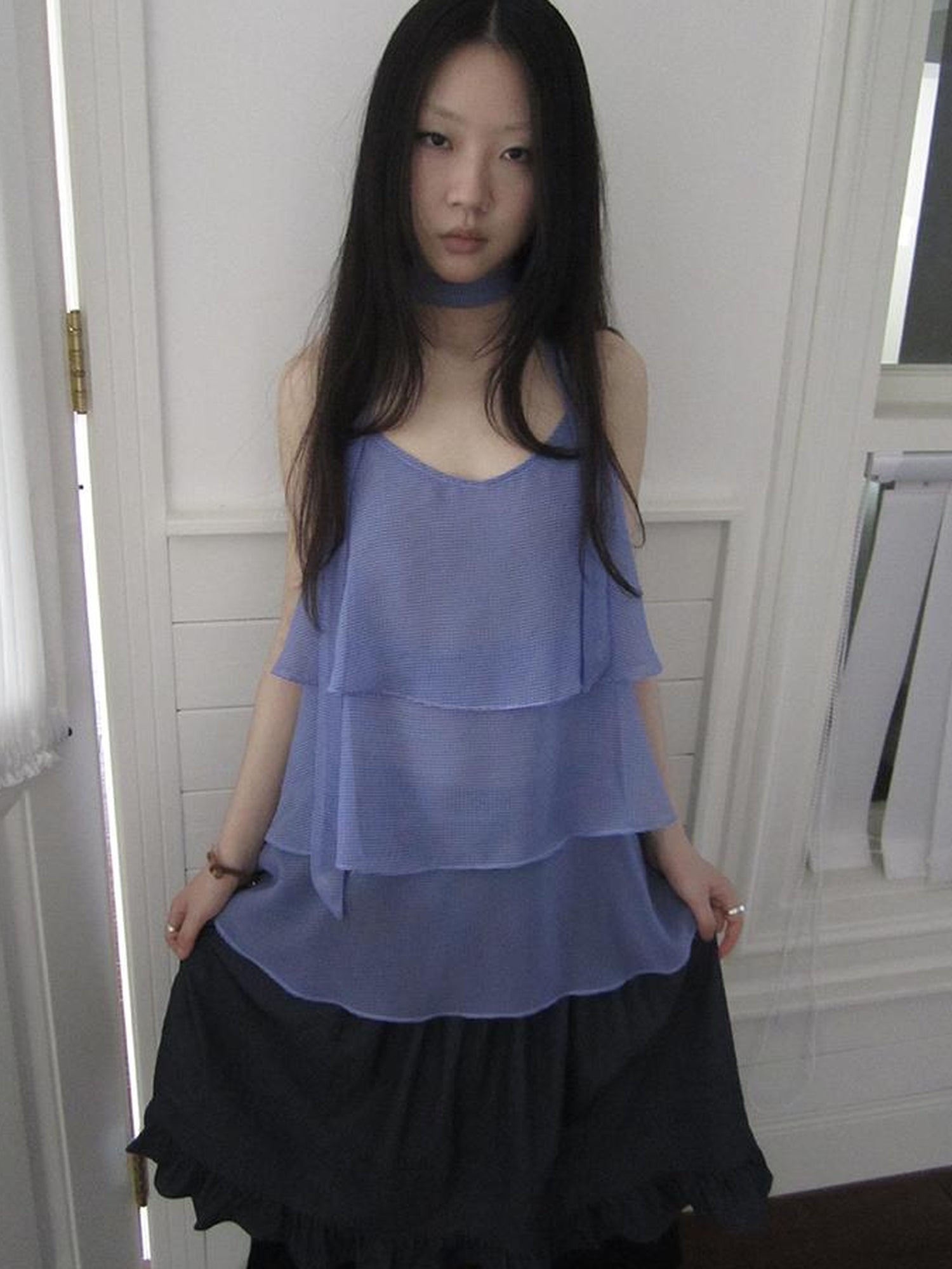 ang project Pleated Lattice Sleeveless Vest With Scarf