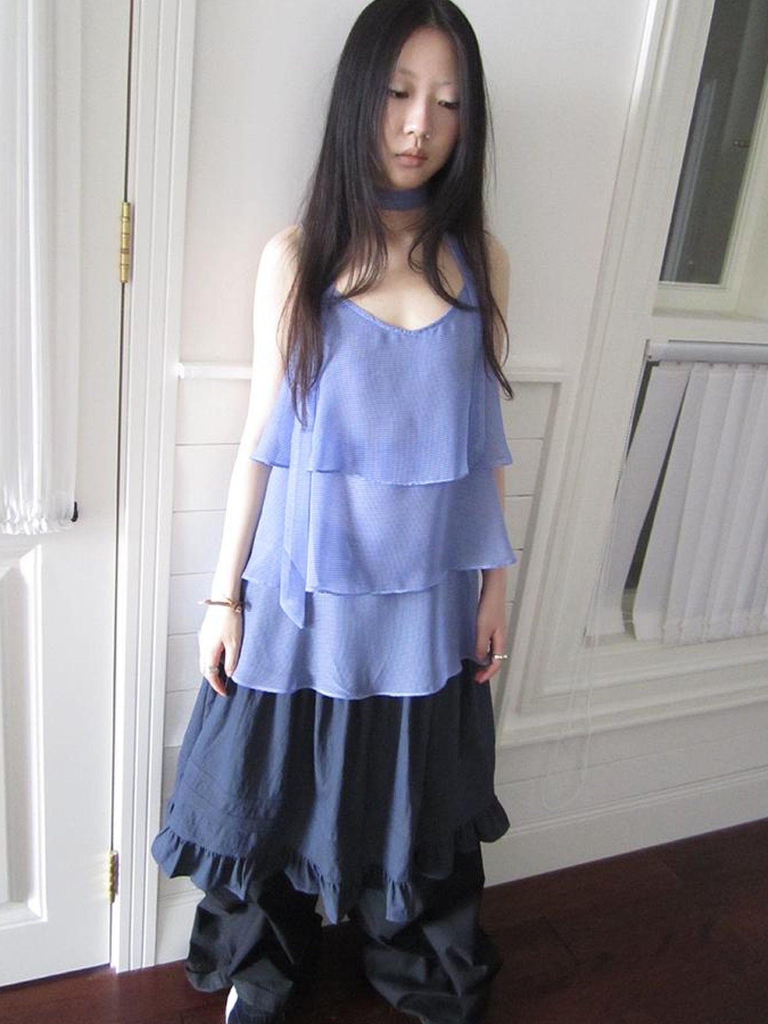 ang project Pleated Lattice Sleeveless Vest With Scarf