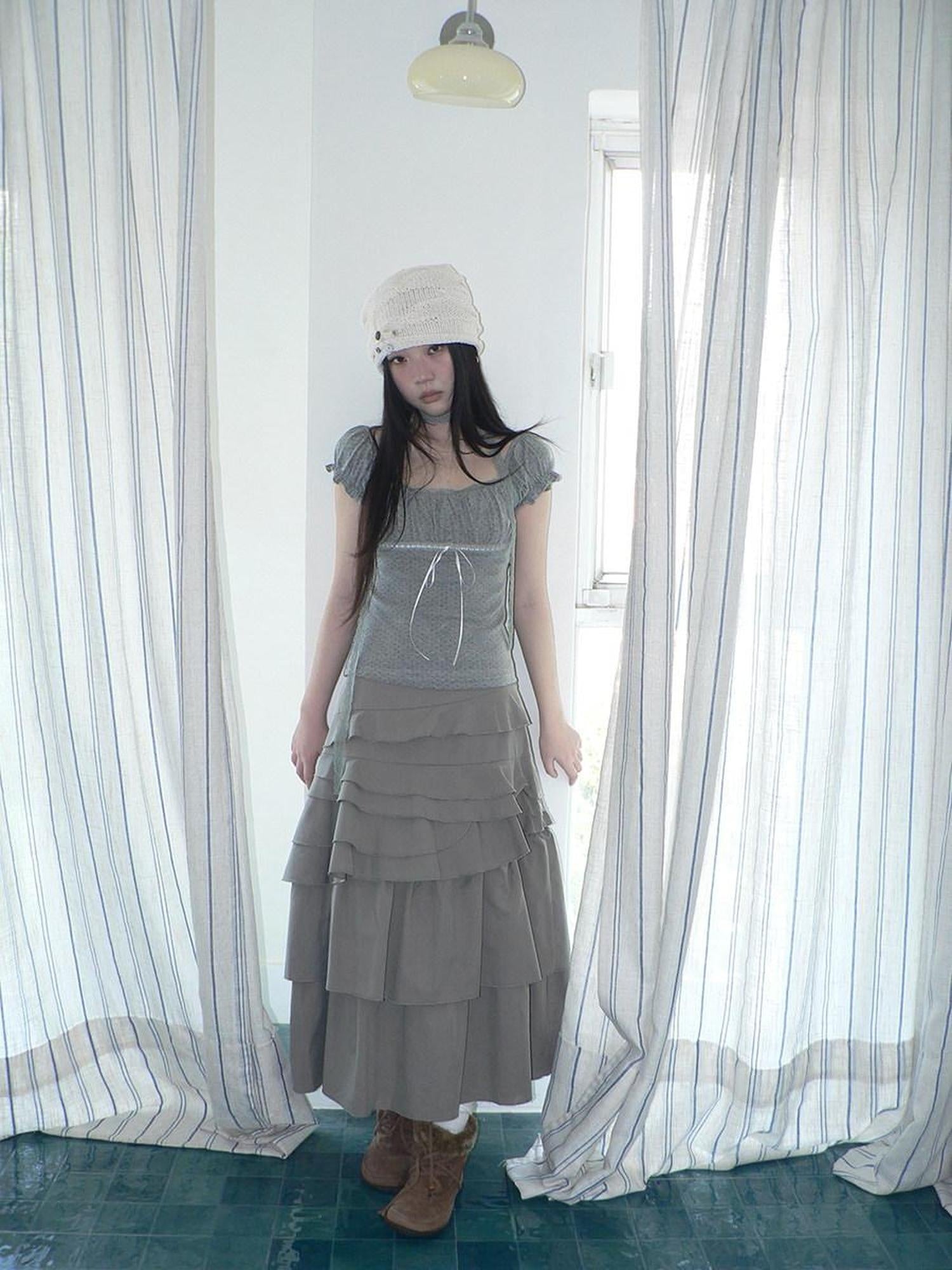 ang project Pleated Polka Dot Puff Sleeve Square Neck Cropped Slim Korean Women T-Shirt