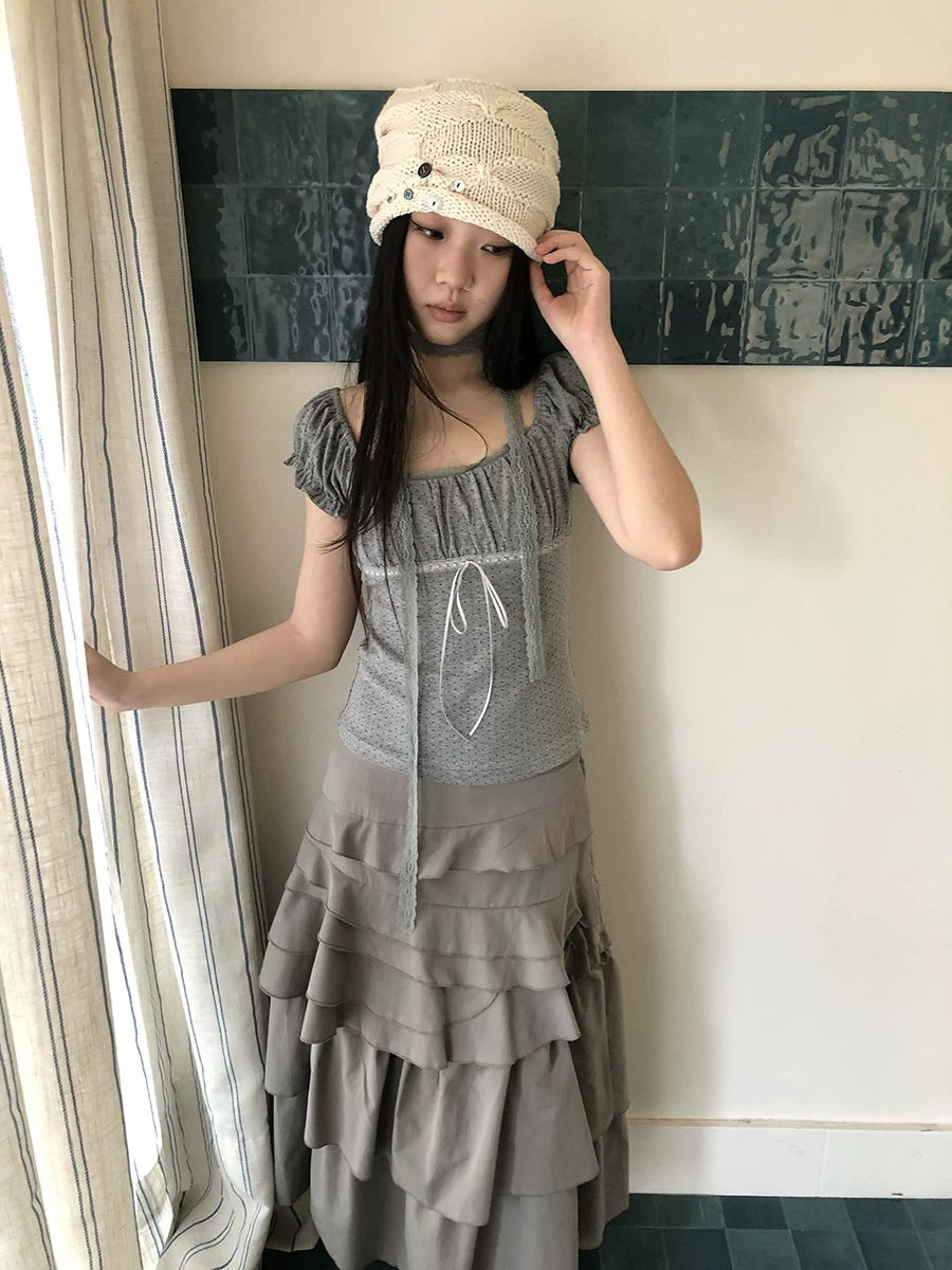 ang project Pleated Polka Dot Puff Sleeve Square Neck Cropped Slim Korean Women T-Shirt