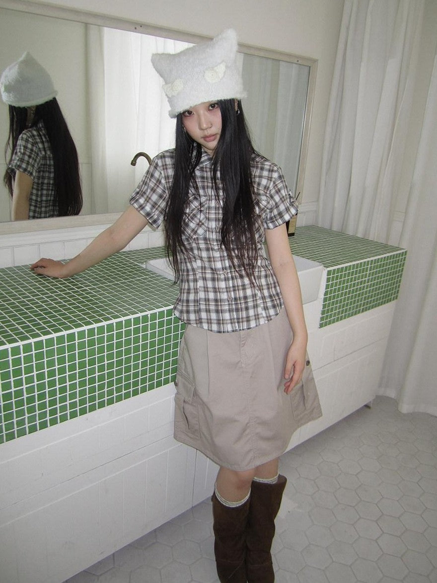 ang project Pocket Patchwork Plaid Waist Cinched Polo Collar Women&