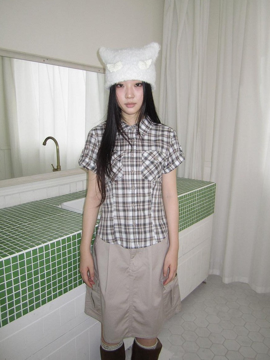 ang project Pocket Patchwork Plaid Waist Cinched Polo Collar Women&