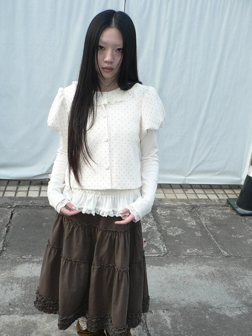 ang project Polka Dot Lace Puff Sleeve Short Sleeve Women&