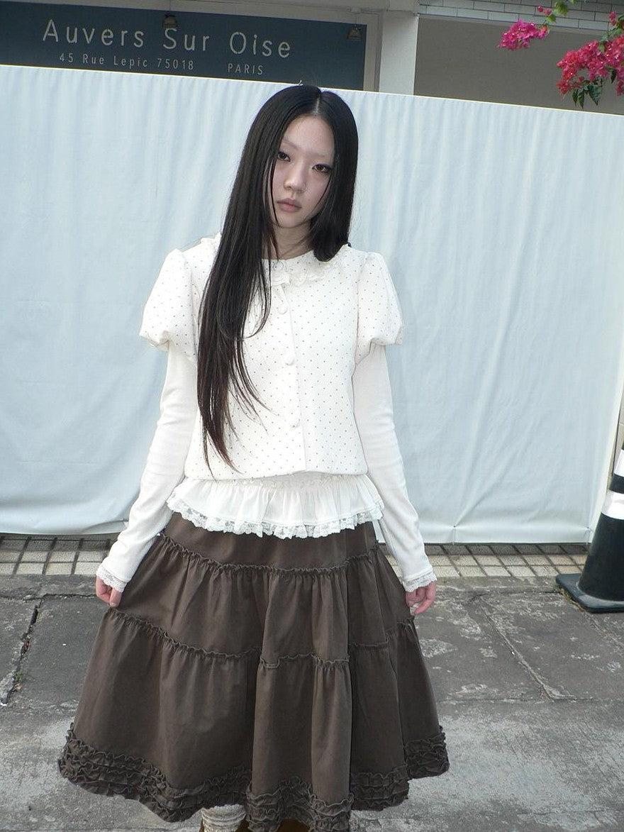 ang project Polka Dot Lace Puff Sleeve Short Sleeve Women&
