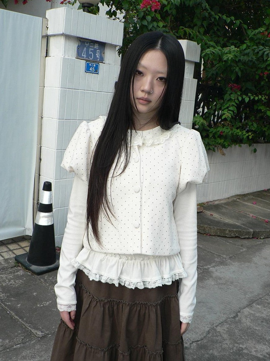 ang project Polka Dot Lace Puff Sleeve Short Sleeve Women&