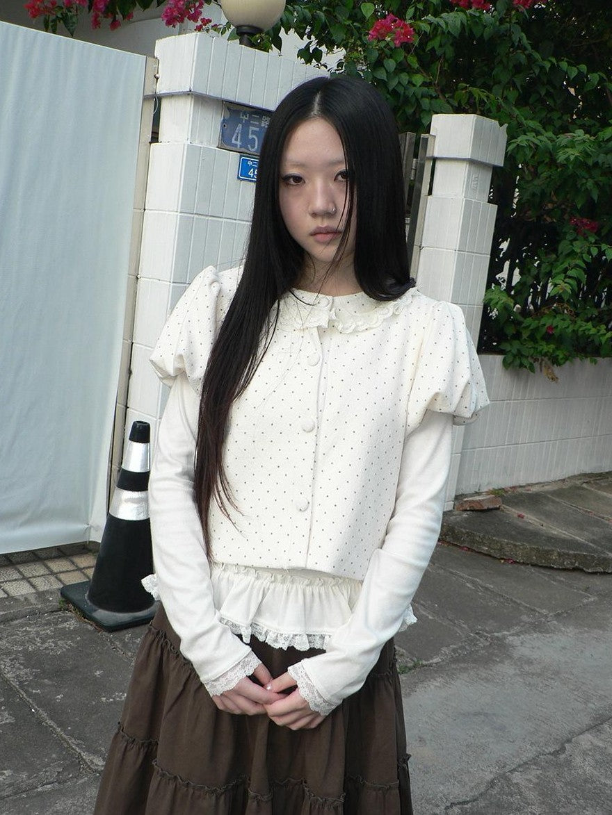 ang project Polka Dot Lace Puff Sleeve Short Sleeve Women&