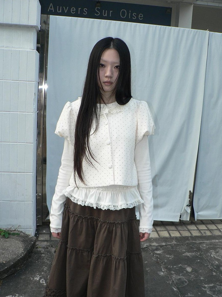 ang project Polka Dot Lace Puff Sleeve Short Sleeve Women&