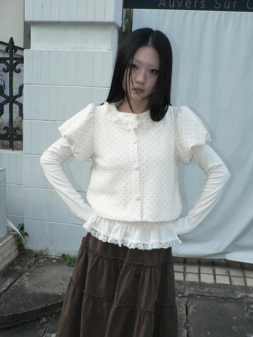 ang project Polka Dot Lace Puff Sleeve Short Sleeve Women&