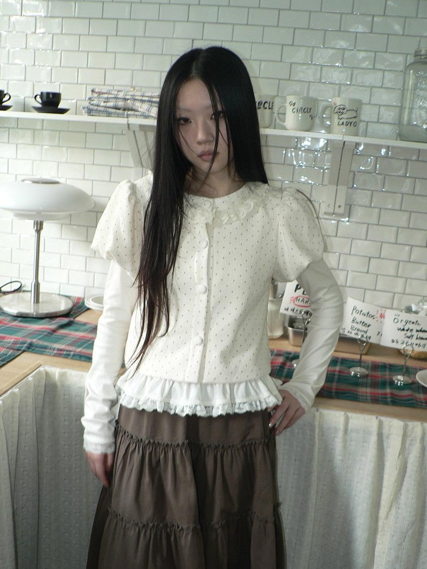 ang project Polka Dot Lace Puff Sleeve Short Sleeve Women&