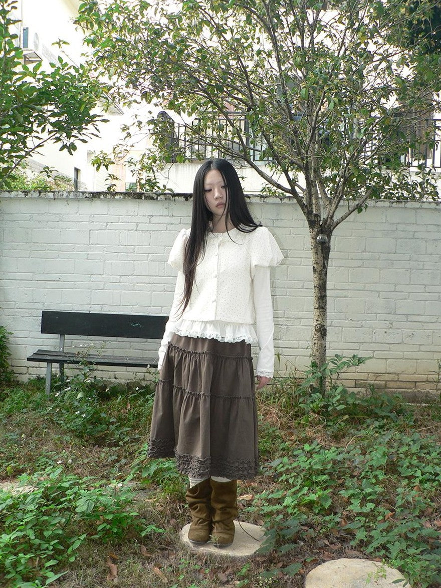 ang project Polka Dot Lace Puff Sleeve Short Sleeve Women&