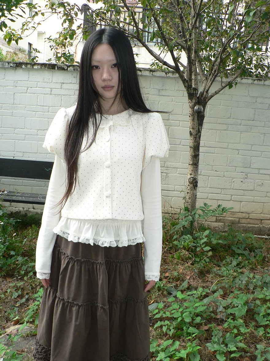 ang project Polka Dot Lace Puff Sleeve Short Sleeve Women&