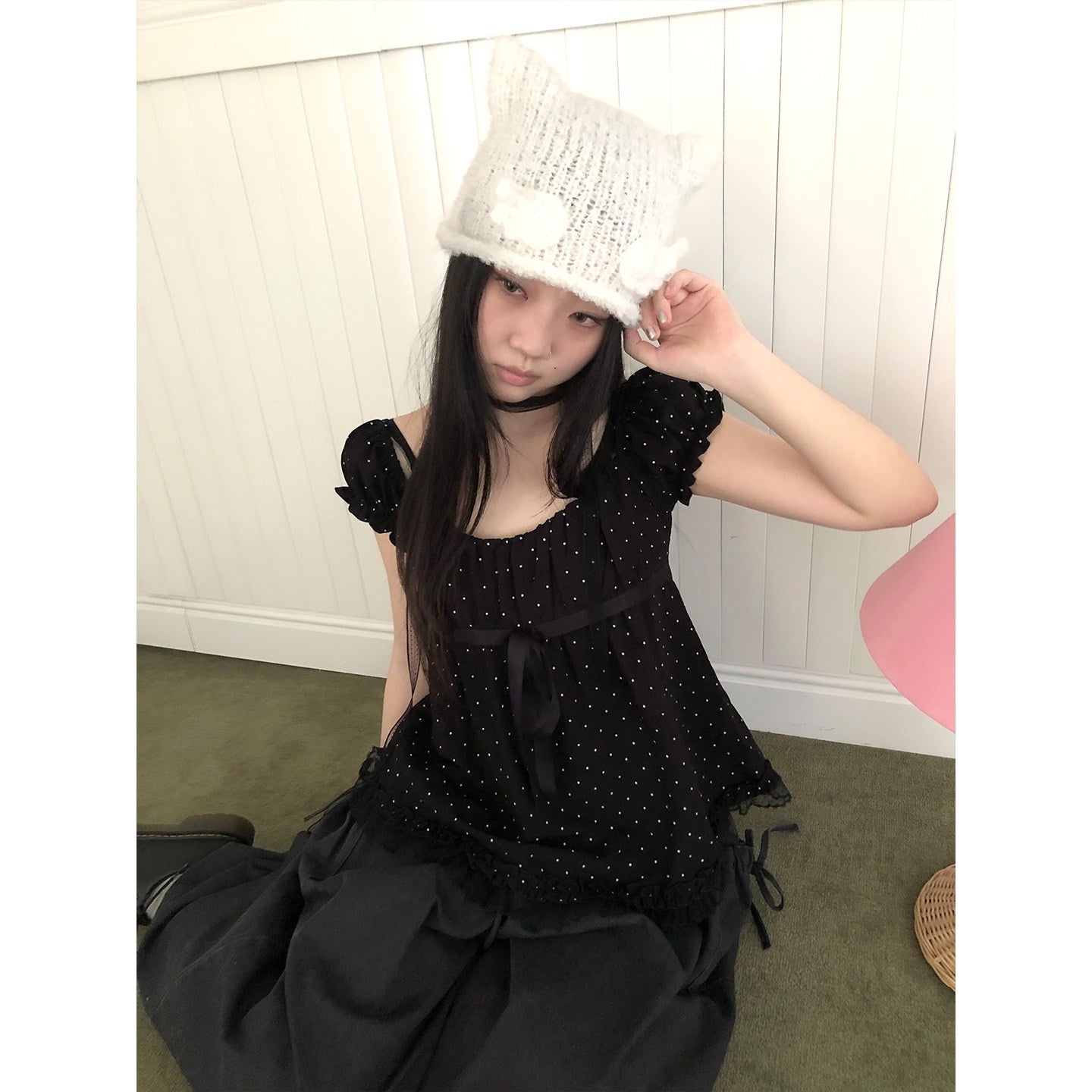 ang_project_Polka_Dot_Lace_Splice_Tie_Puff_Sleeve_Square_Neck_Women&