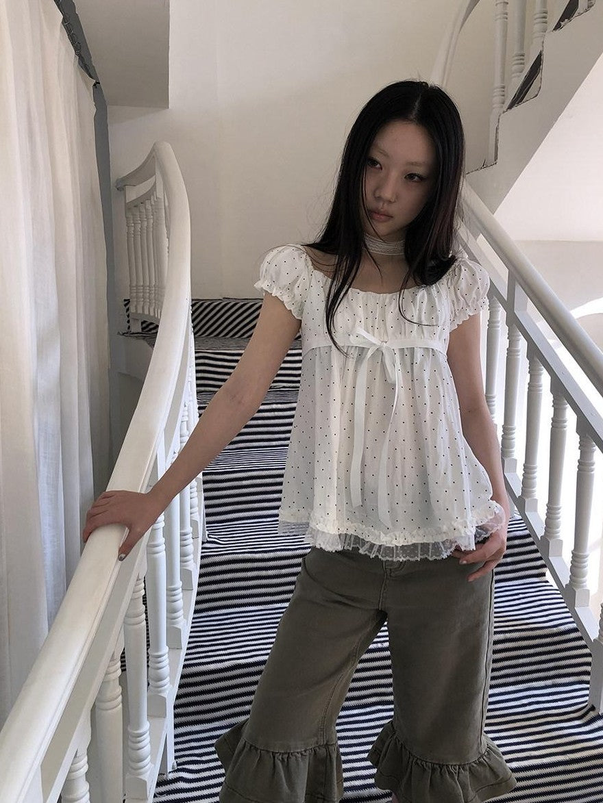 ang project Polka Dot Lace Splice Tie Puff Sleeve Square Neck Women&