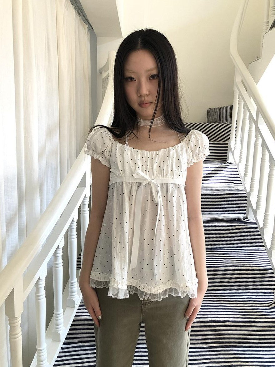 ang project Polka Dot Lace Splice Tie Puff Sleeve Square Neck Women&