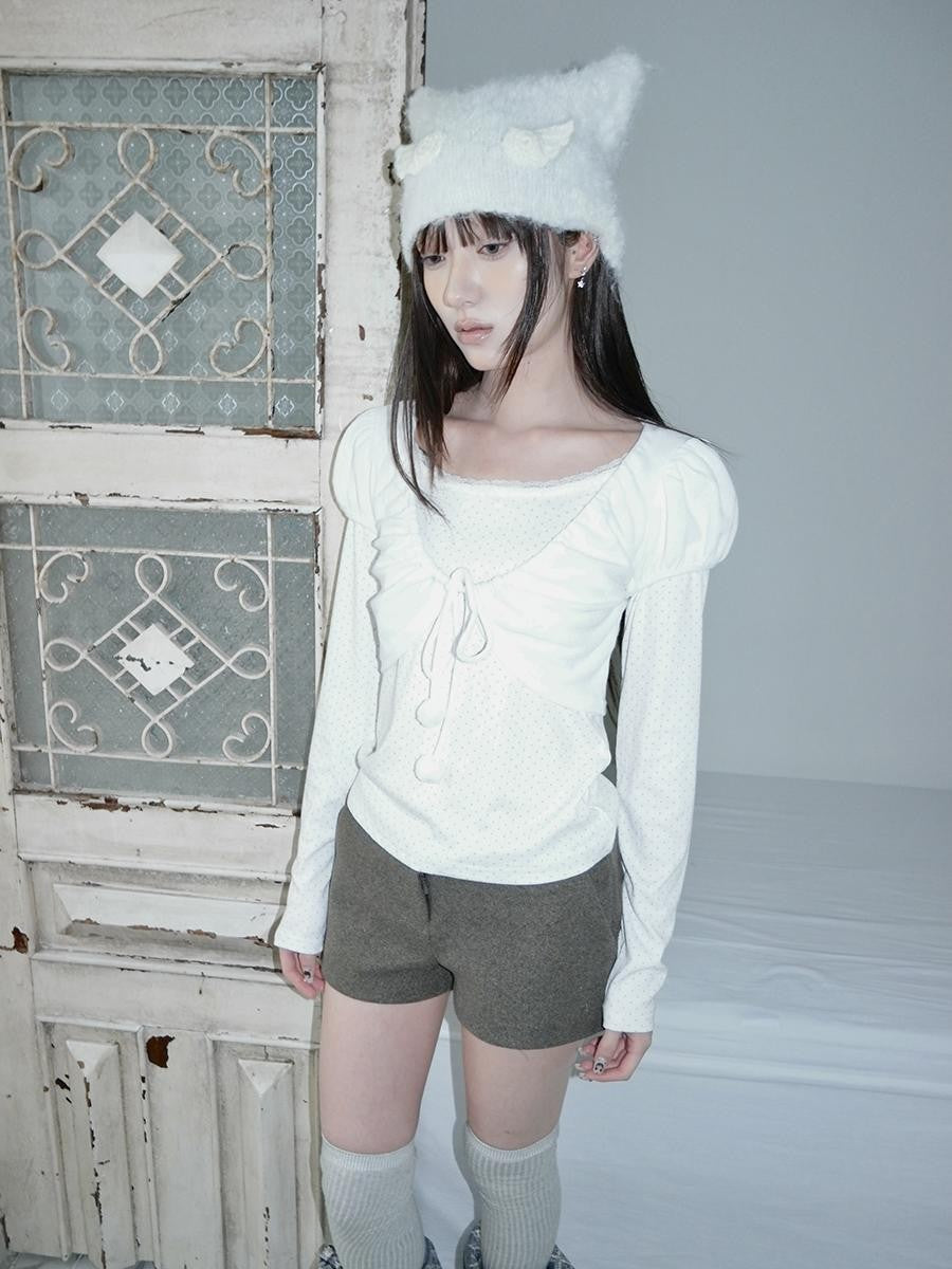 ang project Polka Dot Lace Up Lace Trim Faux Two Piece Women&