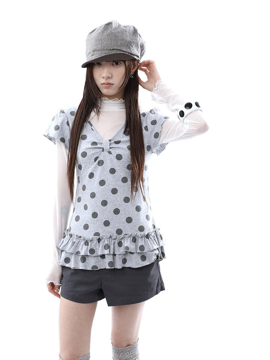 ang project Polka Dot Print V-neck Spliced Layered Hem Women&