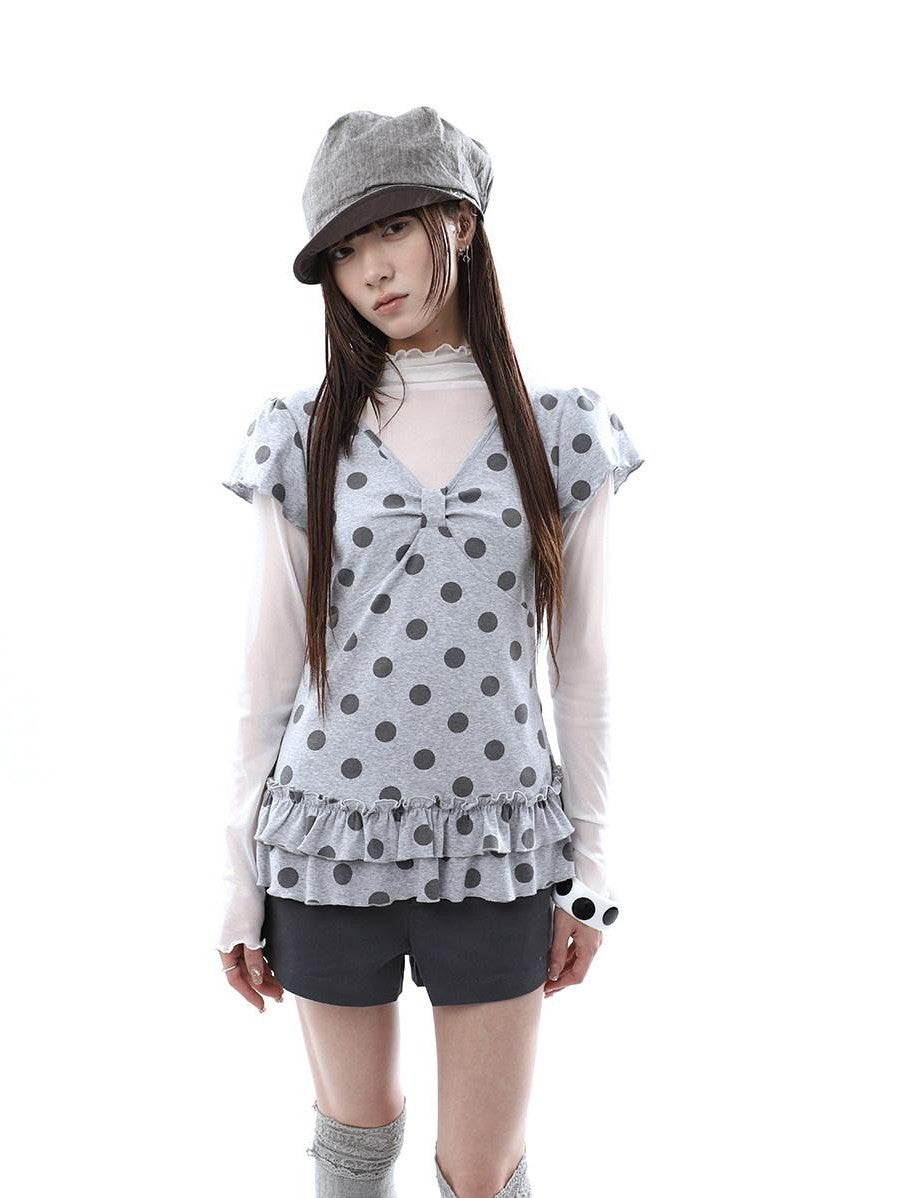 ang project Polka Dot Print V-neck Spliced Layered Hem Women&