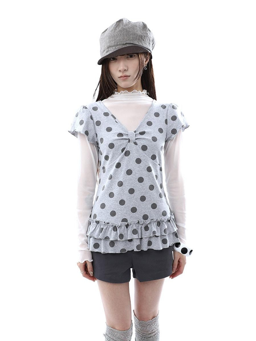 ang project Polka Dot Print V-neck Spliced Layered Hem Women&