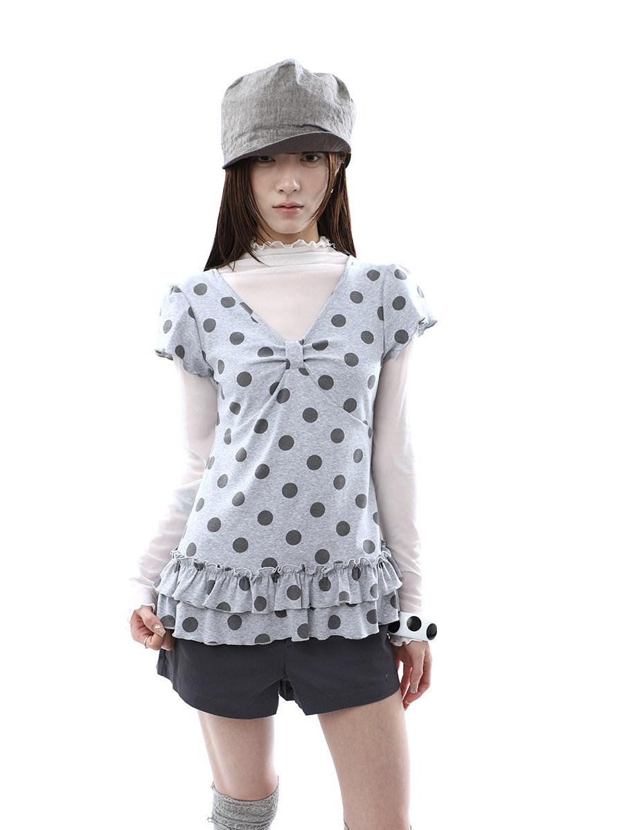 ang project Polka Dot Print V-neck Spliced Layered Hem Women&
