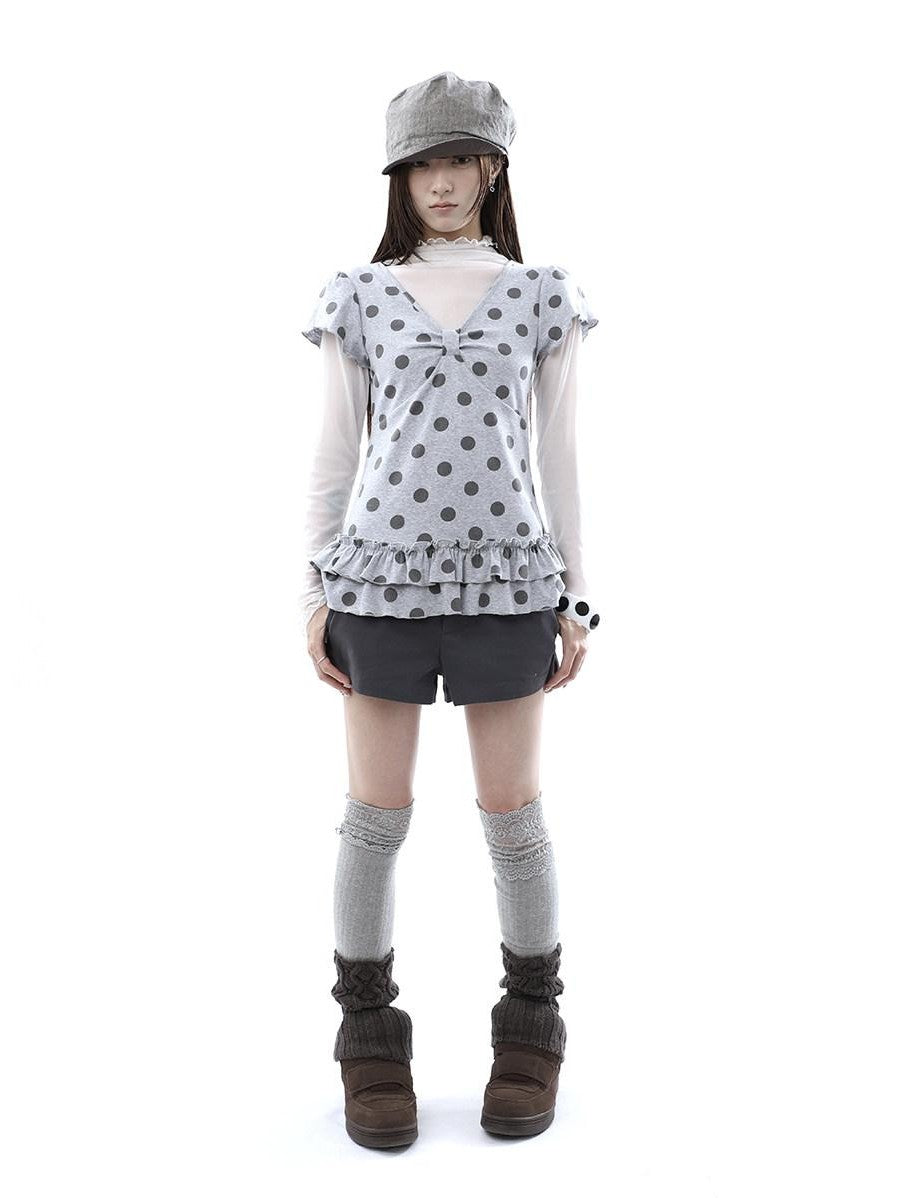 ang project Polka Dot Print V-neck Spliced Layered Hem Women&