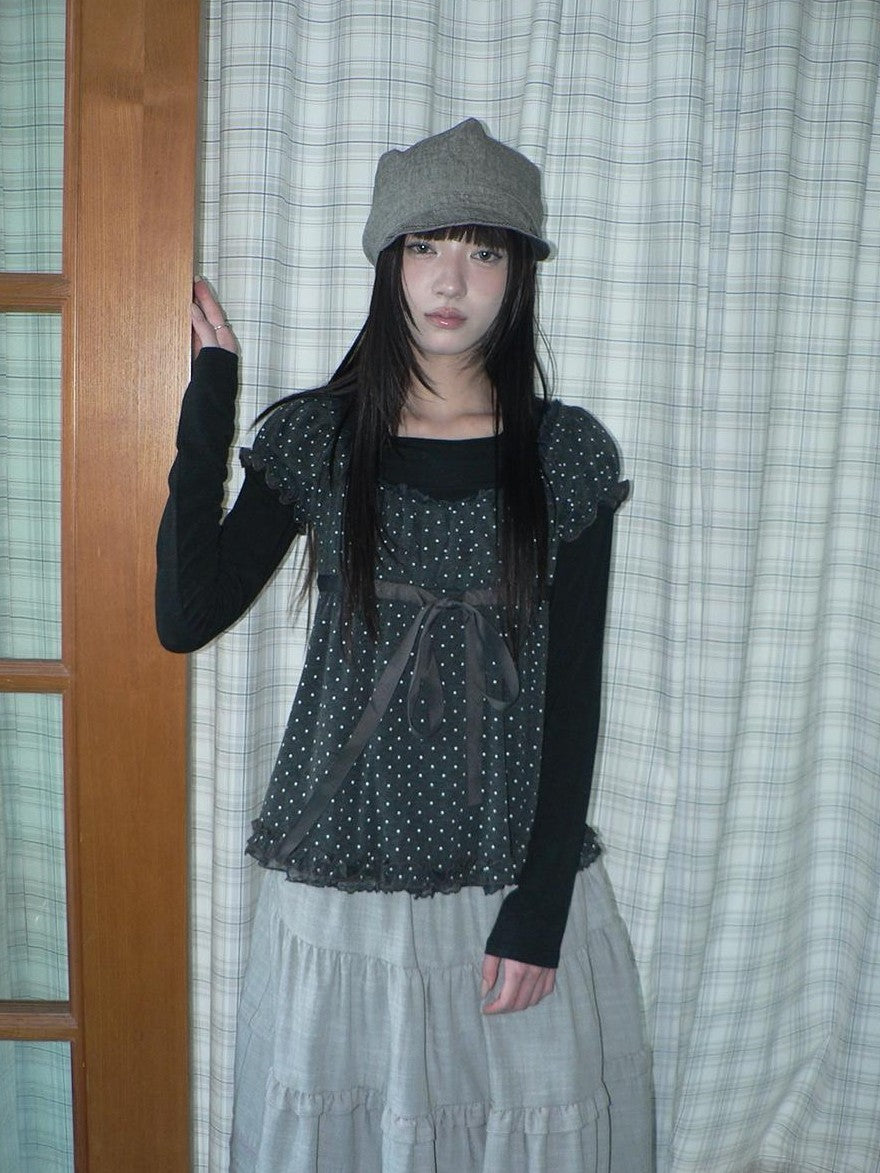 ang project Polka Dot Puff Sleeve Ruffled Paneled Women&