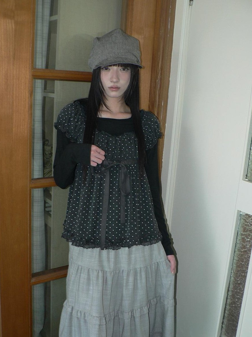 ang project Polka Dot Puff Sleeve Ruffled Paneled Women&