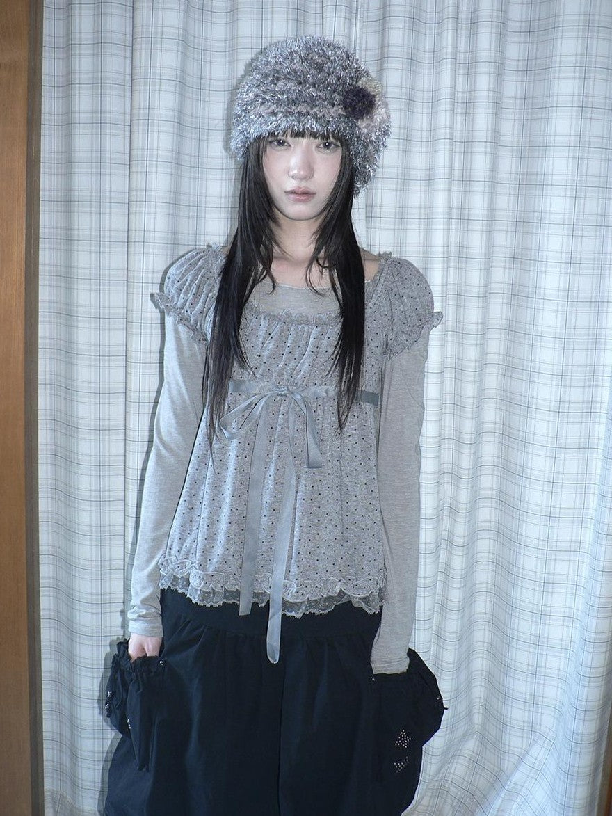 ang project Polka Dot Puff Sleeve Ruffled Paneled Women&