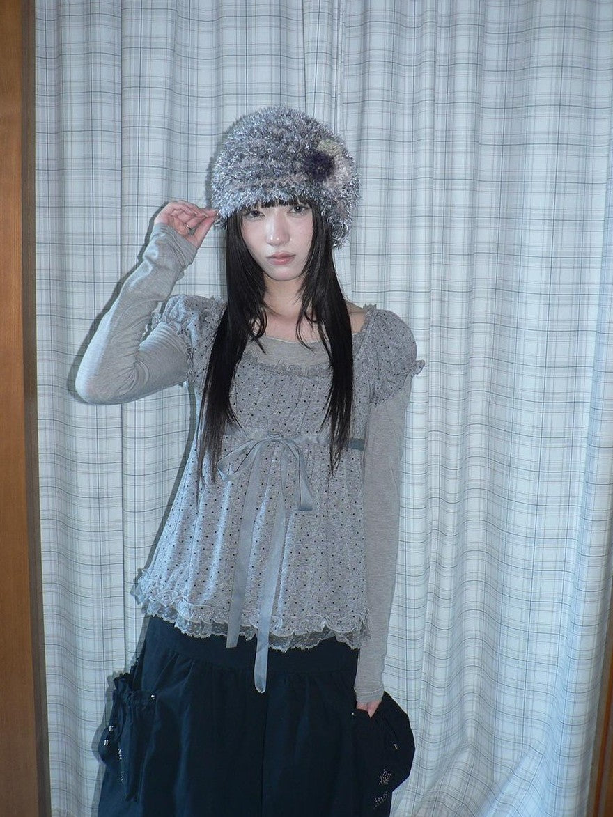 ang project Polka Dot Puff Sleeve Ruffled Paneled Women&