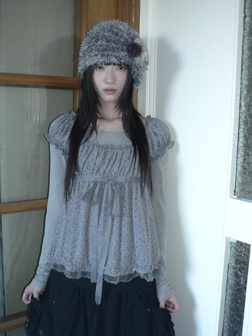 ang project Polka Dot Puff Sleeve Ruffled Paneled Women&
