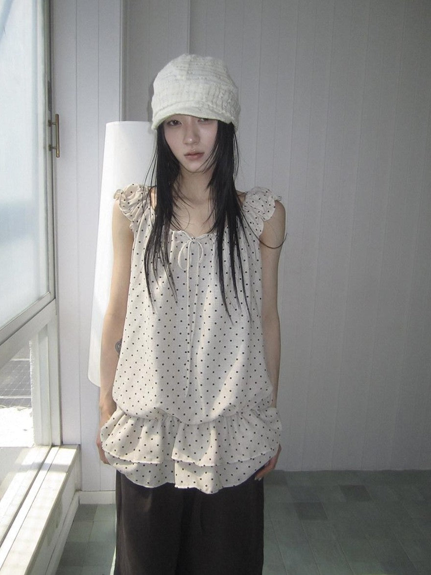 ang project Polka Dot Ruffle Fake Two Piece Halter Tie Waist Women&