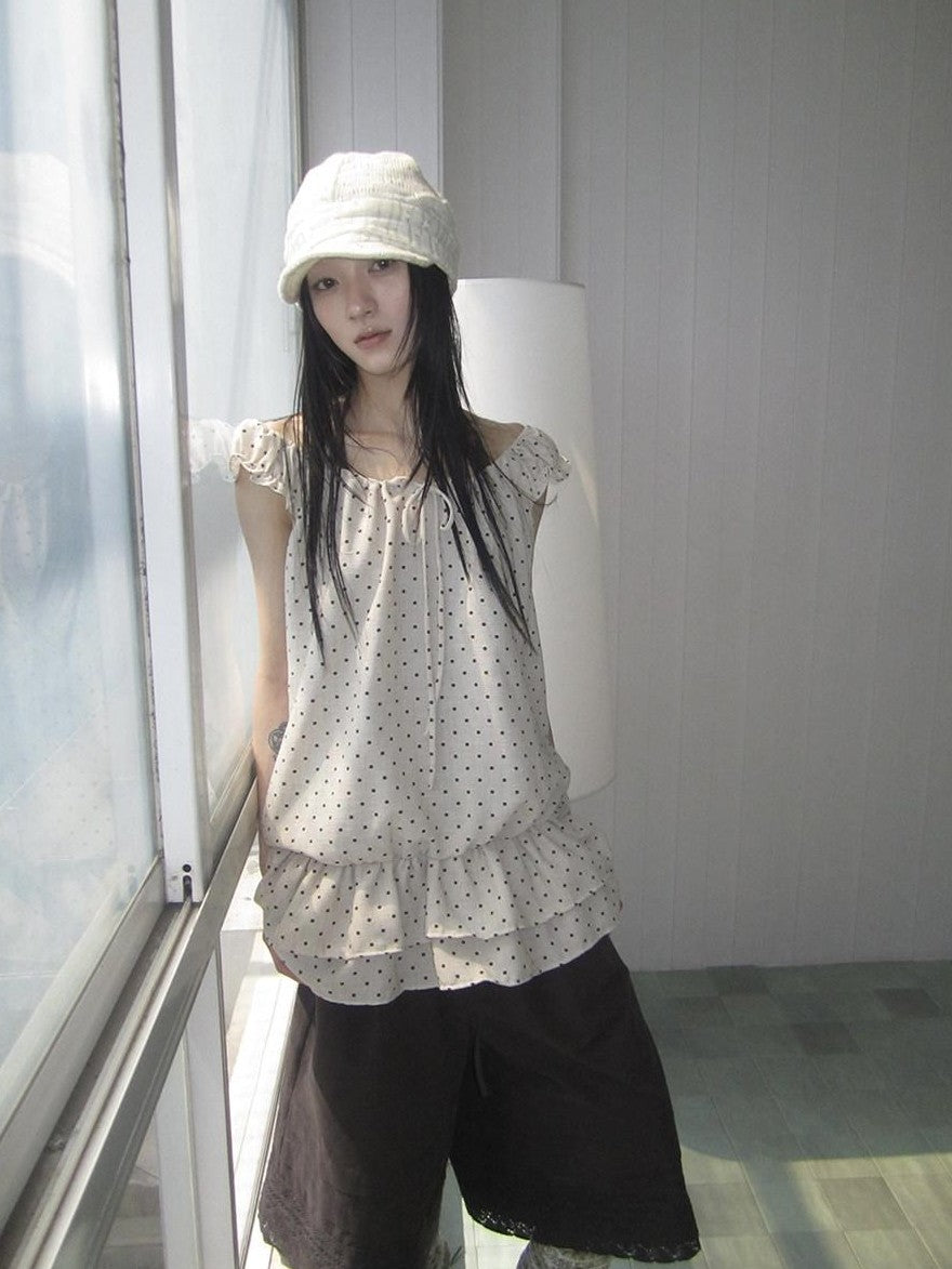 ang project Polka Dot Ruffle Fake Two Piece Halter Tie Waist Women&