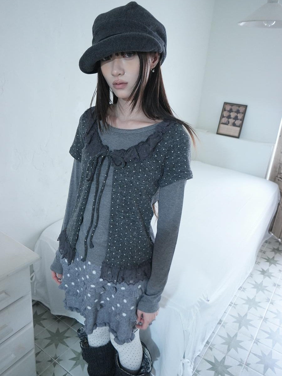 ang project Polka Dot Ruffle Lace Splice Two Piece Women&