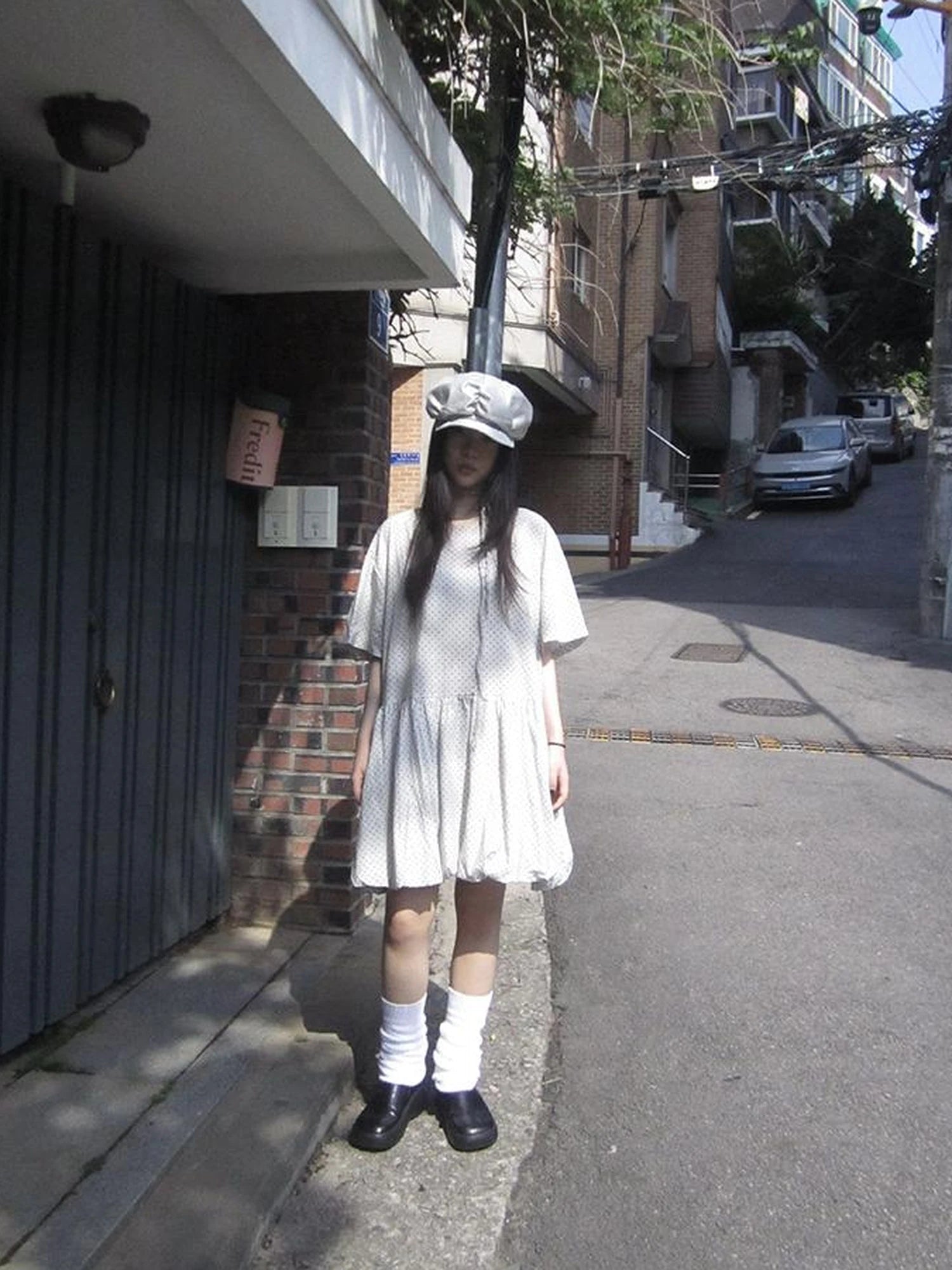 Polka Dot Summer Shift Dress with Puff Sleeves