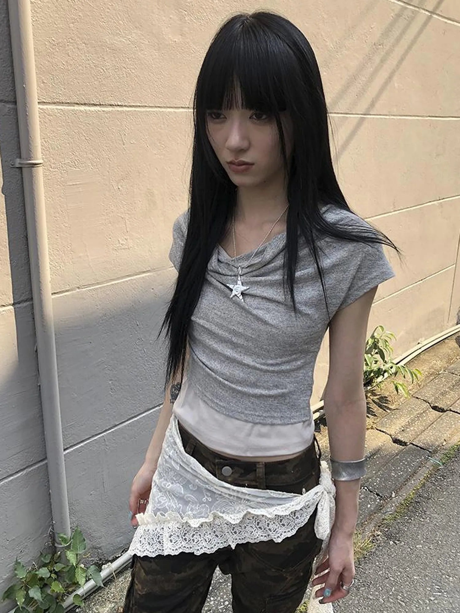 Post Apocalyptic Stacked Collar Layered Tie Detail Stretch Slim Tee